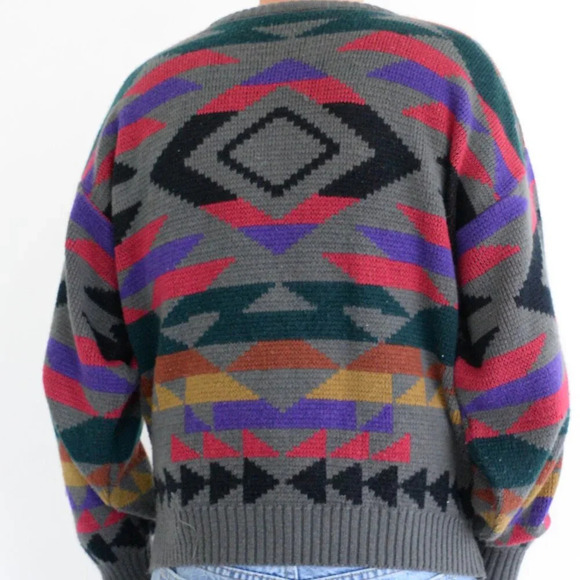 Vintage 90S White Oak Gray And Red Aztec Knit Crew Neck Sweater  XL - Picture 2 of 8